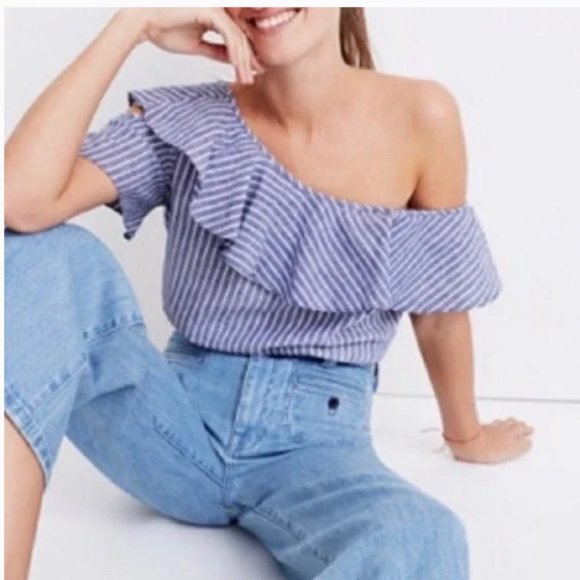 Madewell Tops - Madewell One Shoulder Ruffle Blue Striped Linen/Cotton Blend Top Size 4